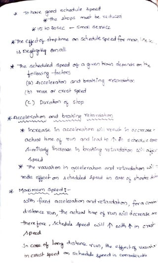 To have good
schecd ule 3peed
the srops mus be Taduc2a
15 o aosec Sma) Sevic
&The etechoshphme m
schecuk speed f man le
18 Deigly êmal.
The schedule.d Specd ob a gen hain depends an
olloccingfackors
(a) cceleraien and braking retarciaha
(b) max o cest Speed
Duraio o Skop
*Accelenah on and biakira Te a riahon
M NN
*increase in acceleranen l l vesul oecrEe
achua hme o n qnd lead ho
scheiuleSoes
6imilary nctease in brahing etardano al
pead
he vauahcn io accelerahon a retmdahn
e elheck on scheduled 8pezd in eoe
oj shonts
shor as-
Moi meum Speed
ot-fixed accelerahon and retadaton. fraco
D, fora Co
disana Vun, the acual hne o rur asill decrease a
there hose, chedul specd cill eoih in cw
Ape2d
lona disana un, He ehecto vau
tn css Apeed o Schadule apeed is Conbideeablk
 