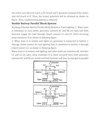 the rocker arm will now touch to N1 brush and Y (positive) terminal of the rocker
arm will touch to P. Thus, the output polarities will be obtained as shown in
figure. Thus, unidirectional polarity is obtained.
Double Battery Parallel Block System
Working of Double Battery Parallel Block System in Train Lighting: 1. When train
is stationary or runs slowly, generator contacts B1 and B2 are open and both
batteries supply the load through closed contacts L1 and L2, short circuiting
lamp resistance D as shown in following figure.
2. When train is in motion and lights on, generator is connected to battery 1
through closed contact B1 and lighting load is connected to battery 2 through
closed contact L2, as shown in following figure.
When train is in motion and lighting and other loads are switched off, switches
L1 and L2 are open, lamp resistance D is short circuited when both generator
contacts B1 and B2 are closed and both batteries will then be charged in parallel
 