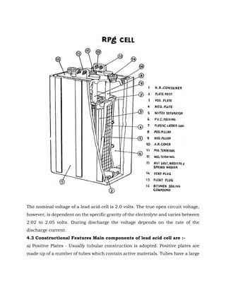 The nominal voltage of a lead acid cell is 2.0 volts. The true open circuit voltage,
however, is dependent on the specific gravity of the electrolyte and varies between
2.02 to 2.05 volts. During discharge the voltage depends on the rate of the
discharge current.
4.3 Constructional Features Main components of lead acid cell are :-
a) Positive Plates - Usually tubular construction is adopted. Positive plates are
made up of a number of tubes which contain active materials. Tubes have a large
 