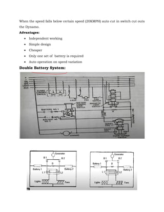 When the speed falls below certain speed (20KMPH) auto cut in switch cut outs
the Dynamo.
Advantages:
• Independent working
• Simple design
• Cheaper
• Only one set of battery is required
• Auto operation on speed variation
Double Battery System:
 