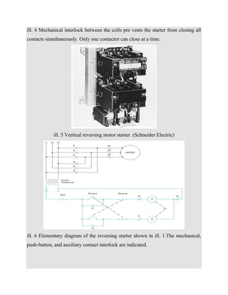 ill. 4 Mechanical interlock between the coils pre vents the starter from closing all
contacts simultaneously. Only one contactor can close at a time.
ill. 5 Vertical reversing motor starter. (Schneider Electric)
ill. 6 Elementary diagram of the reversing starter shown in ill. 1.The mechanical,
push-button, and auxiliary contact interlock are indicated.
 