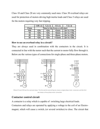 Class 10 and Class 20 are very commonly used ones. Class 30 overload relays are
used for protection of motors driving high inertia loads and Class 5 relays are used
for the motors requiring very fast tripping.
How to use an overload relay in a circuit?
They are always used in combination with the contactors in the circuit. It is
connected in line with the motor such that the current to motor fully flow through it.
Below are the various types of connections for single-phase and three-phase motors.
Contactor control circuit
A contactor is a relay which is capable of switching large electrical loads.
Contactors and relays are operated by applying a voltage to the coil of an Electro-
magnet, which will cause a switch, (or several switches) to close. The circuit that
 