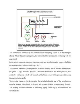 The contactor is operated by the control circuit energizing a coil, as in the example
above. When the coil is energized, the circuit that the contactor is switching will be
energized.
In the above example, there are two start, and two stop buttons (in brown - fig2) in
the supply to the coil (black zigzag - fig2).
To close the contactor (to energize the switched circuit), one of the two start buttons
(in green - fig2) must be pressed. Once the start button has been pressed, the
contactor will close, which will also close the 'lock' circuit to the contactor (holding
the supply to the coil).
To open the contactor (to de-energize the switched circuit), one of the stop buttons
must be pressed. The circuit to the coil will become broken, de-energising the coil.
The supply that the contactor is switching (grey cables fig1) will therefore be
switched off.
 