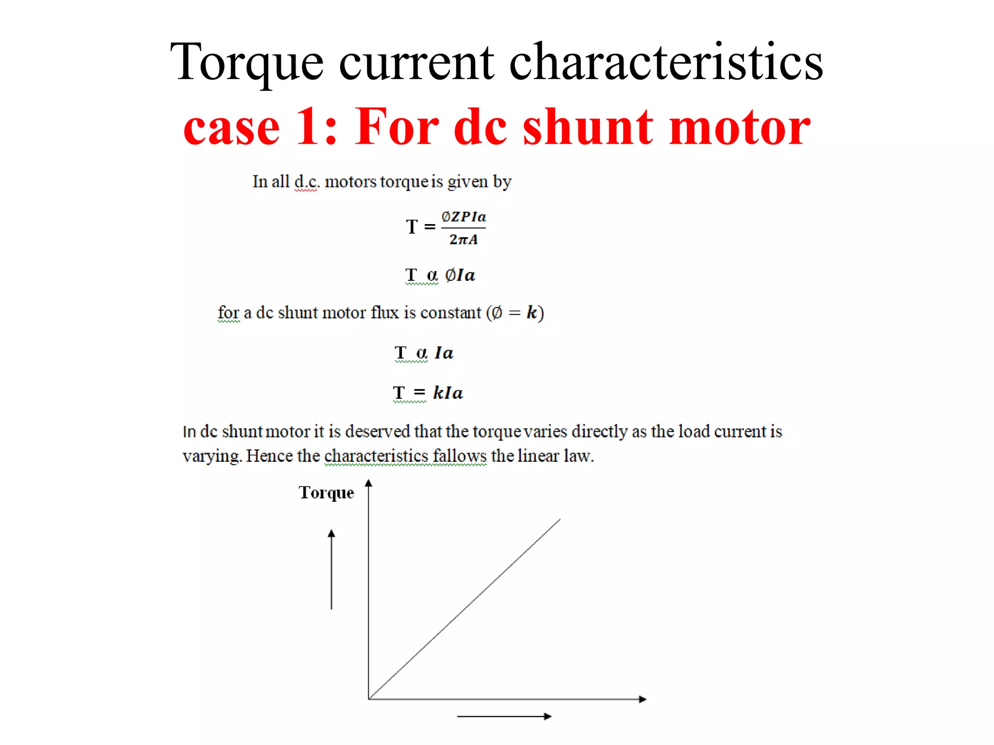Torque current characteristics
case 1: For dc shunt motor
 