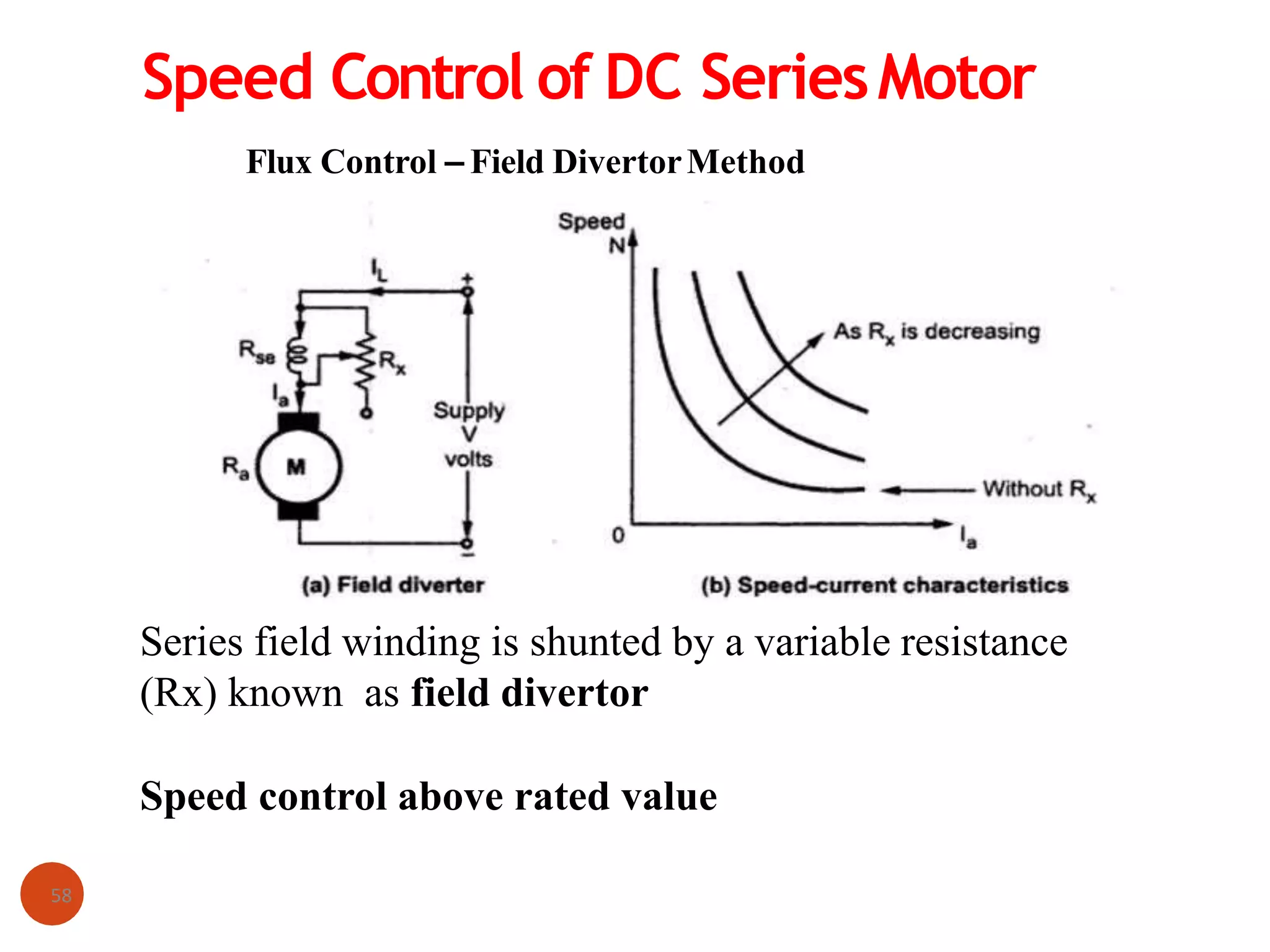 Speed Control of DC SeriesMotor
Flux Control – Field DivertorMethod
Series field winding is shunted by a variable resistance
(Rx) known as field divertor
Speed control above rated value
58
 