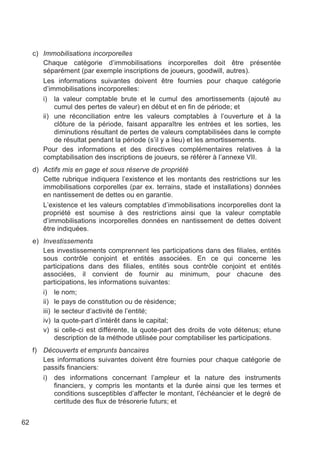c) Immobilisations incorporelles
        Chaque catégorie d’immobilisations incorporelles doit être présentée
        séparément (par exemple inscriptions de joueurs, goodwill, autres).
        Les informations suivantes doivent être fournies pour chaque catégorie
        d’immobilisations incorporelles:
        i) la valeur comptable brute et le cumul des amortissements (ajouté au
            cumul des pertes de valeur) en début et en fin de période; et
        ii) une réconciliation entre les valeurs comptables à l’ouverture et à la
            clôture de la période, faisant apparaître les entrées et les sorties, les
            diminutions résultant de pertes de valeurs comptabilisées dans le compte
            de résultat pendant la période (s’il y a lieu) et les amortissements.
        Pour des informations et des directives complémentaires relatives à la
        comptabilisation des inscriptions de joueurs, se référer à l’annexe VII.
     d) Actifs mis en gage et sous réserve de propriété
        Cette rubrique indiquera l’existence et les montants des restrictions sur les
        immobilisations corporelles (par ex. terrains, stade et installations) données
        en nantissement de dettes ou en garantie.
        L’existence et les valeurs comptables d’immobilisations incorporelles dont la
        propriété est soumise à des restrictions ainsi que la valeur comptable
        d’immobilisations incorporelles données en nantissement de dettes doivent
        être indiquées.
     e) Investissements
        Les investissements comprennent les participations dans des filiales, entités
        sous contrôle conjoint et entités associées. En ce qui concerne les
        participations dans des filiales, entités sous contrôle conjoint et entités
        associées, il convient de fournir au minimum, pour chacune des
        participations, les informations suivantes:
        i) le nom;
        ii) le pays de constitution ou de résidence;
        iii) le secteur d’activité de l’entité;
        iv) la quote-part d’intérêt dans le capital;
        v) si celle-ci est différente, la quote-part des droits de vote détenus; etune
             description de la méthode utilisée pour comptabiliser les participations.
     f) Découverts et emprunts bancaires
        Les informations suivantes doivent être fournies pour chaque catégorie de
        passifs financiers:
        i) des informations concernant l’ampleur et la nature des instruments
           financiers, y compris les montants et la durée ainsi que les termes et
           conditions susceptibles d’affecter le montant, l’échéancier et le degré de
           certitude des flux de trésorerie futurs; et


62
 