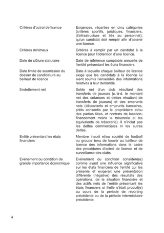 Critères d’octroi de licence   Exigences, réparties en cinq catégories
                                   (critères sportifs, juridiques, financiers,
                                   d’infrastructure et liés au personnel),
                                   qu’un candidat doit remplir afin d’obtenir
                                   une licence.
    Critères minimaux              Critères à remplir par un candidat à la
                                   licence pour l’obtention d’une licence.
    Date de clôture statutaire     Date de référence comptable annuelle de
                                   l’entité présentant les états financiers.
    Date limite de soumission du   Date à laquelle chaque bailleur de licence
    dossier de candidature au      exige que les candidats à la licence lui
    bailleur de licence            aient soumis l’ensemble des informations
                                   relatives à leur demande.
    Endettement net                Solde net d’un club résultant des
                                   transferts de joueurs (c.-à-d. le montant
                                   net des créances et dettes résultant de
                                   transferts de joueurs) et des emprunts
                                   nets (découverts et emprunts bancaires,
                                   prêts consentis par le propriétaire et/ou
                                   des parties liées, et contrats de location-
                                   financement moins la trésorerie et les
                                   équivalents de trésorerie). Il n’inclut pas
                                   les dettes commerciales ni les autres
                                   dettes.
    Entité présentant les états    Membre inscrit et/ou société de football
    financiers                     ou groupe tenu de fournir au bailleur de
                                   licence des informations dans le cadre
                                   des procédures d’octroi de licence et de
                                   surveillance des clubs.
    Evénement ou condition de      Evénement ou condition considéré(e)
    grande importance économique   comme ayant une influence significative
                                   sur les états financiers de l’entité qui les
                                   présente et exigerait une présentation
                                   différente (négative) des résultats des
                                   opérations, de la situation financière et
                                   des actifs nets de l’entité présentant les
                                   états financiers si il/elle s’était produit(e)
                                   au cours de la période de reporting
                                   précédente ou de la période intermédiaire
                                   précédente.



4
 