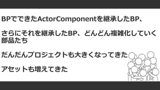 #ue4fest
BPでできたActorComponentを継承したBP、
さらにそれを継承したBP、どんどん複雑化していく
部品たち
だんだんプロジェクトも大きくなってきた
アセットも増えてきた
 