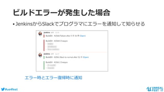 #ue4fest
ビルドエラーが発生した場合
•JenkinsからSlackでプログラマにエラーを通知して知らせる
エラー時とエラー復帰時に通知
 