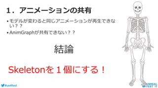 #ue4fest
１．アニメーションの共有
•モデルが変わると同じアニメーションが再生できな
い？？
•AnimGraphが共有できない？？
Skeletonを１個にする！
結論
 