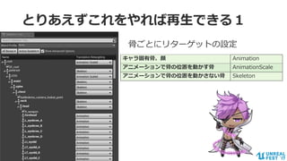 #ue4fest
とりあえずこれをやれば再生できる１
骨ごとにリターゲットの設定
キャラ固有骨、顔 Animation
アニメーションで骨の位置を動かす骨 AnimationScale
アニメーションで骨の位置を動かさない骨 Skeleton
 