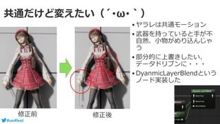 #ue4fest
共通だけど変えたい（´･ω･｀）
•ヤラレは共通モーション
•武器を持っていると手が不
自然、小物がめり込んじゃ
う
•部分的に上書きしたい、
データドリブンに・・・
•DyanmicLayerBlendという
ノード実装した
修正前 修正後
 