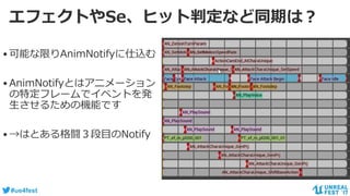 #ue4fest
エフェクトやSe、ヒット判定など同期は？
•可能な限りAnimNotifyに仕込む
•AnimNotifyとはアニメーション
の特定フレームでイベントを発
生させるための機能です
•→はとある格闘３段目のNotify
 