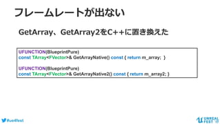 #ue4fest
フレームレートが出ない
Pure関数の呼び出し回数
UFUNCTION(BlueprintPure)
const TArray<FVector>& GetArrayNative() const { return m_array; }
UFUNCTION(BlueprintPure)
const TArray<FVector>& GetArrayNative2() const { return m_array2; }
GetArray、GetArray2をC++に置き換えた
 