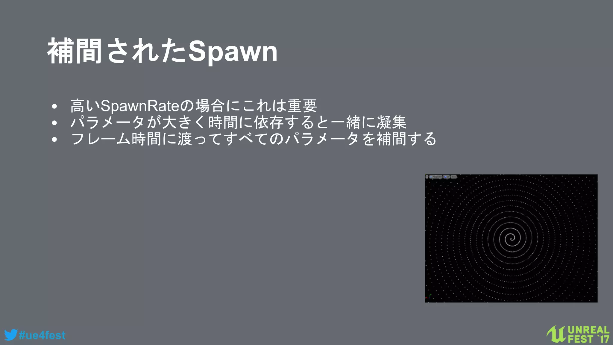 #ue4fest
補間されたSpawn
• 高いSpawnRateの場合にこれは重要
• パラメータが大きく時間に依存すると一緒に凝集
• フレーム時間に渡ってすべてのパラメータを補間する
 
