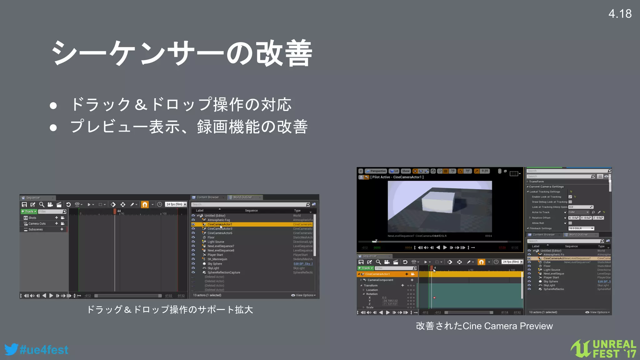#ue4fest
シーケンサーの改善
● ドラック＆ドロップ操作の対応
● プレビュー表示、録画機能の改善
4.18
ドラッグ＆ドロップ操作のサポート拡大
改善されたCine Camera Preview
 