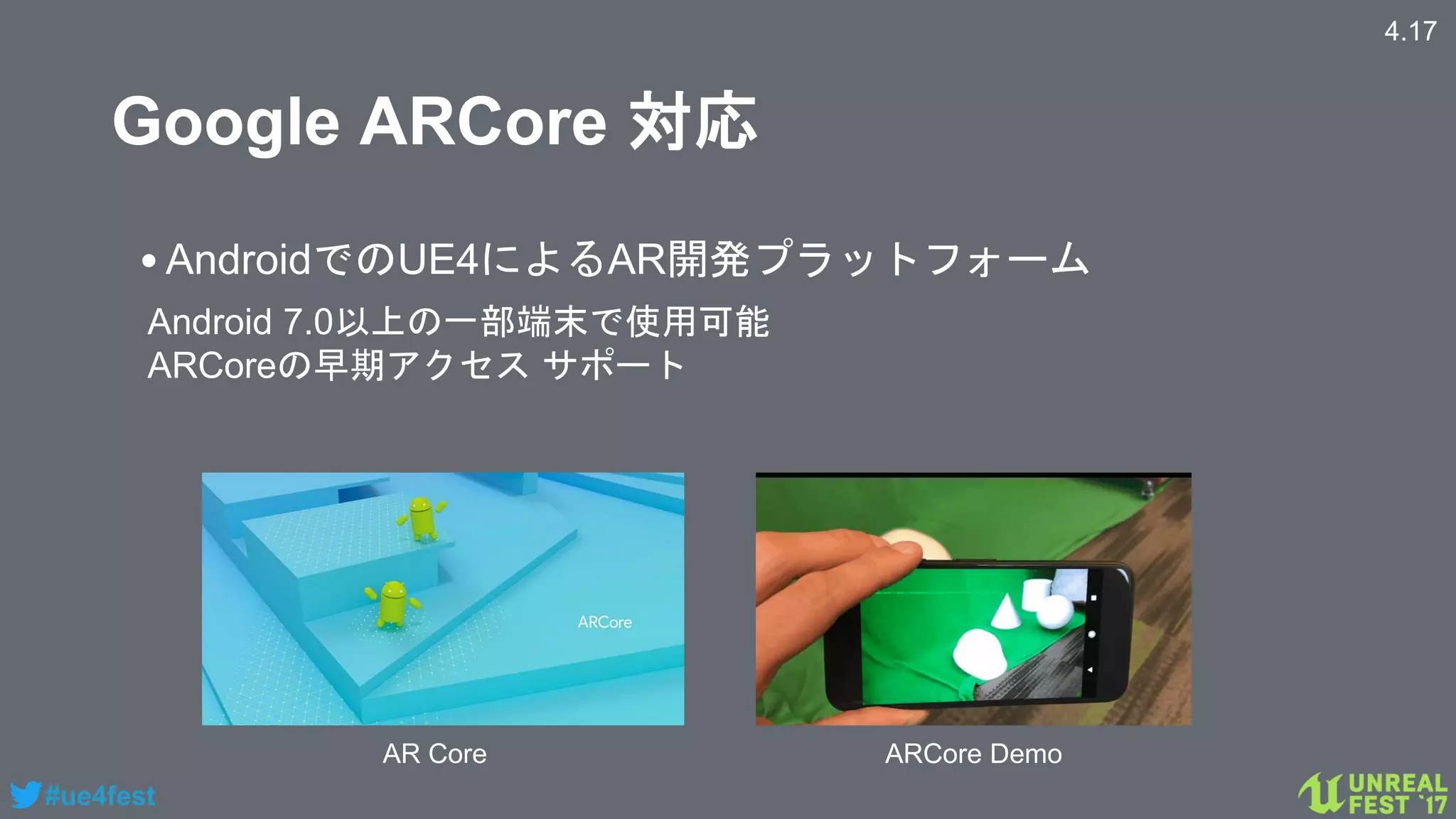 #ue4fest
Google ARCore 対応
•AndroidでのUE4によるAR開発プラットフォーム
Android 7.0以上の一部端末で使用可能
ARCoreの早期アクセス サポート
4.17
AR Core ARCore Demo
 