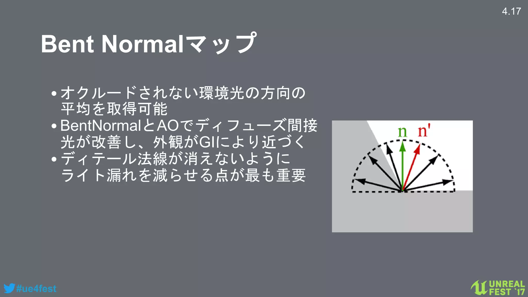 #ue4fest
Bent Normalマップ
•オクルードされない環境光の方向の
平均を取得可能
•BentNormalとAOでディフューズ間接
光が改善し、外観がGIにより近づく
•ディテール法線が消えないように
ライト漏れを減らせる点が最も重要
4.17
 