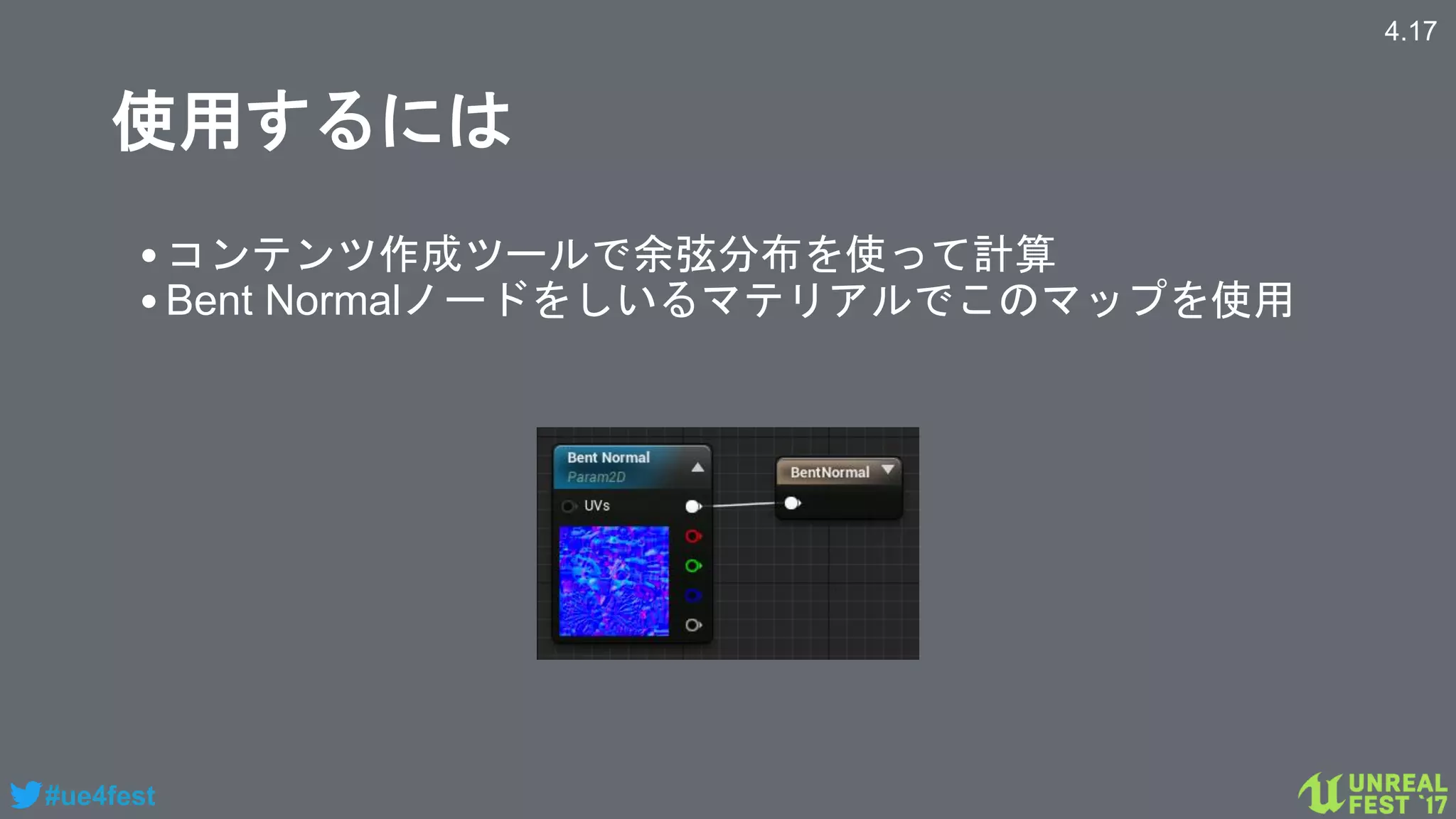 #ue4fest
使用するには
•コンテンツ作成ツールで余弦分布を使って計算
•Bent Normalノードをしいるマテリアルでこのマップを使用
4.17
 