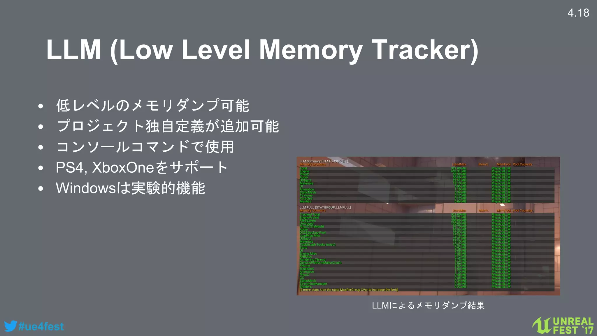#ue4fest
LLM (Low Level Memory Tracker)
• 低レベルのメモリダンプ可能
• プロジェクト独自定義が追加可能
• コンソールコマンドで使用
• PS4, XboxOneをサポート
• Windowsは実験的機能
4.18
LLMによるメモリダンプ結果
 