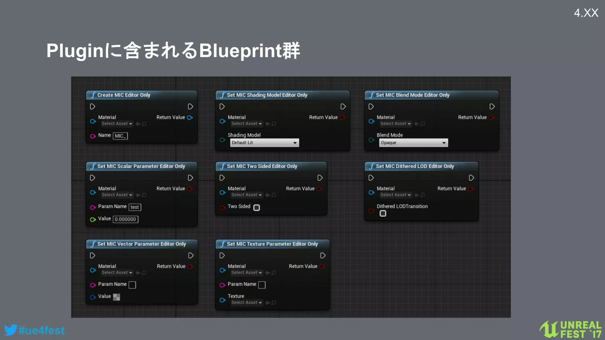 #ue4fest
4.XX
Pluginに含まれるBlueprint群
 