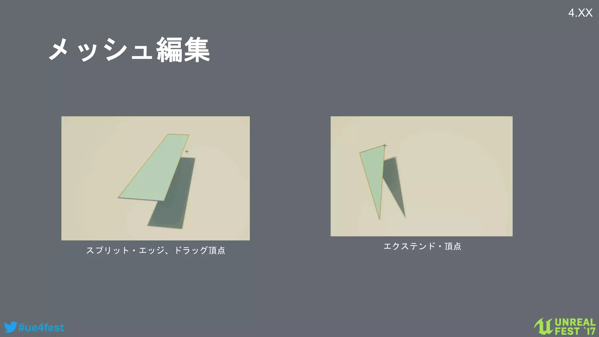 #ue4fest
メッシュ編集
エクステンド・頂点スプリット・エッジ、ドラッグ頂点
4.XX
 