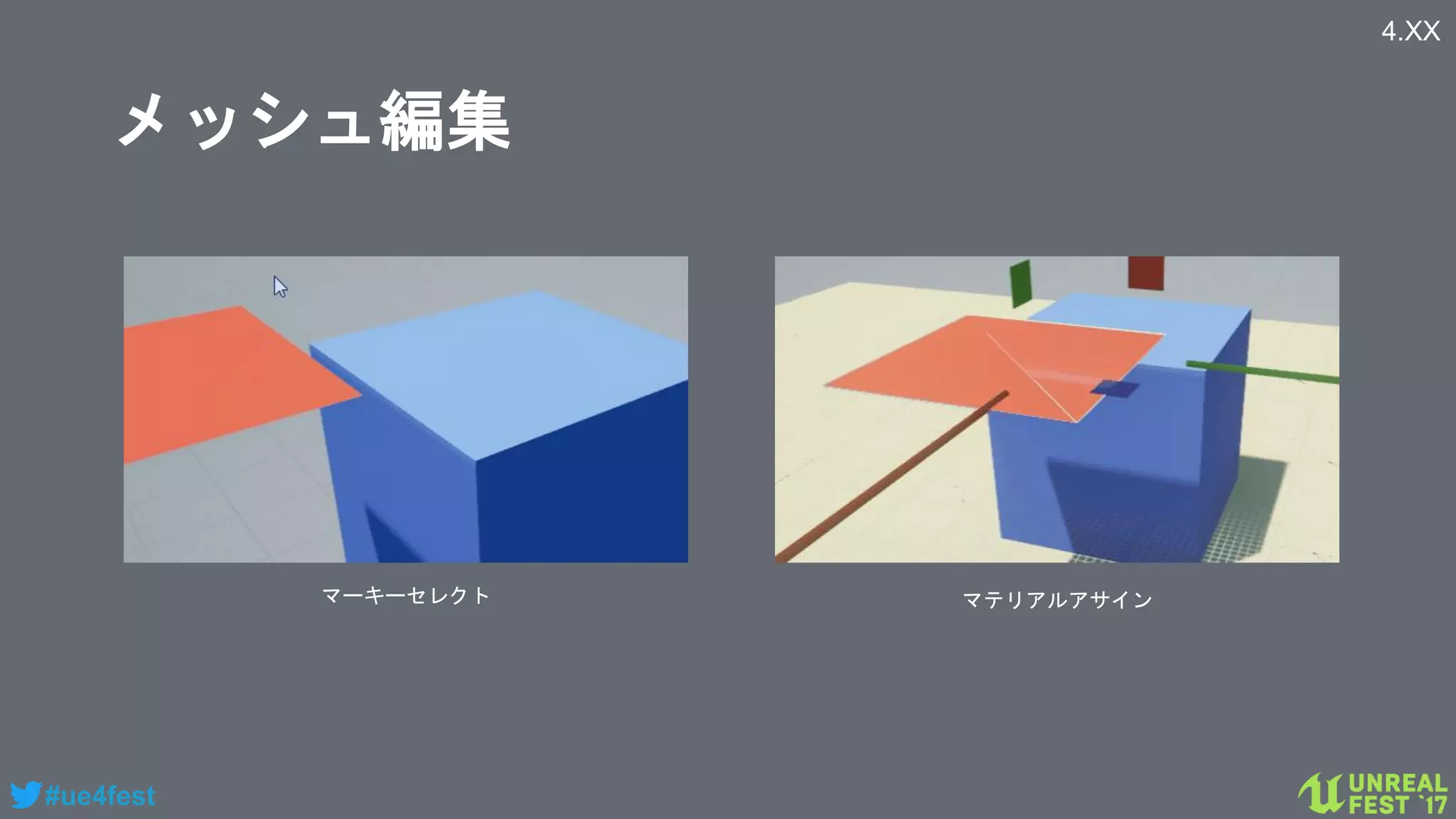 #ue4fest
メッシュ編集
マーキーセレクト マテリアルアサイン
4.XX
 