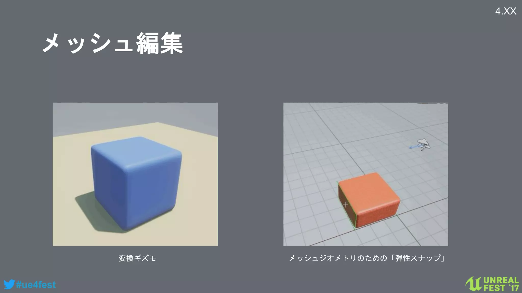 #ue4fest
メッシュ編集
メッシュジオメトリのための「弾性スナップ」変換ギズモ
4.XX
 