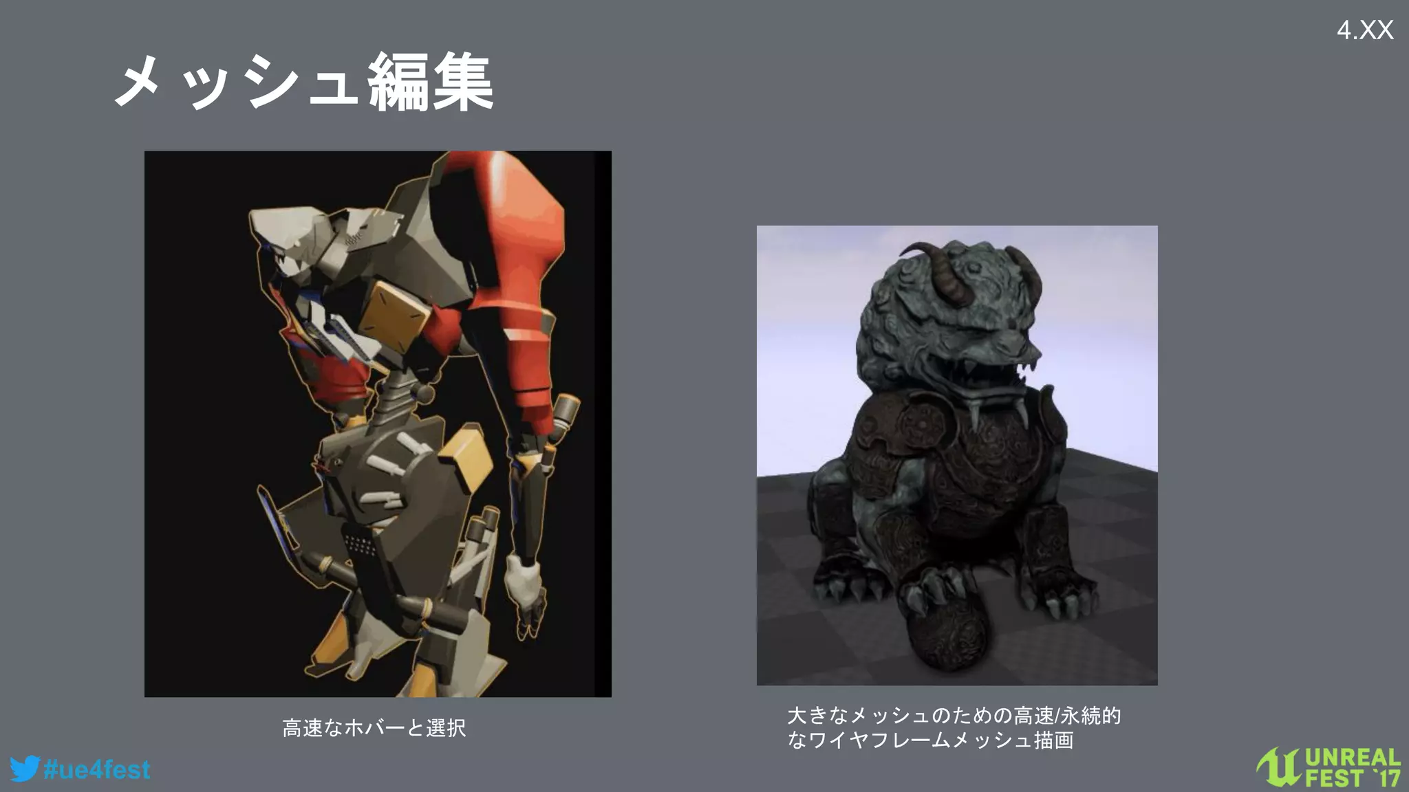 #ue4fest
メッシュ編集
高速なホバーと選択
大きなメッシュのための高速/永続的
なワイヤフレームメッシュ描画
4.XX
 