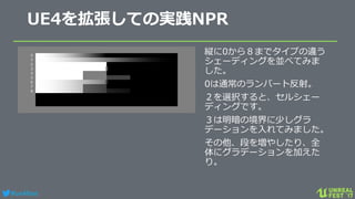#ue4fest
UE4を拡張しての実践NPR
縦に0から８までタイプの違う
シェーディングを並べてみま
した。
0は通常のランバート反射。
２を選択すると、セルシェー
ディングです。
３は明暗の境界に少しグラ
デーションを入れてみました。
その他、段を増やしたり、全
体にグラデーションを加えた
り。
 