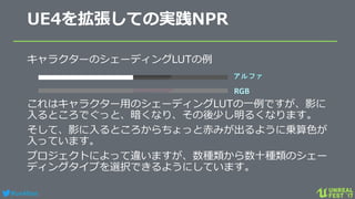 #ue4fest
UE4を拡張しての実践NPR
キャラクターのシェーディングLUTの例
これはキャラクター用のシェーディングLUTの一例ですが、影に
入るところでぐっと、暗くなり、その後少し明るくなります。
そして、影に入るところからちょっと赤みが出るように乗算色が
入っています。
プロジェクトによって違いますが、数種類から数十種類のシェー
ディングタイプを選択できるようにしています。
 