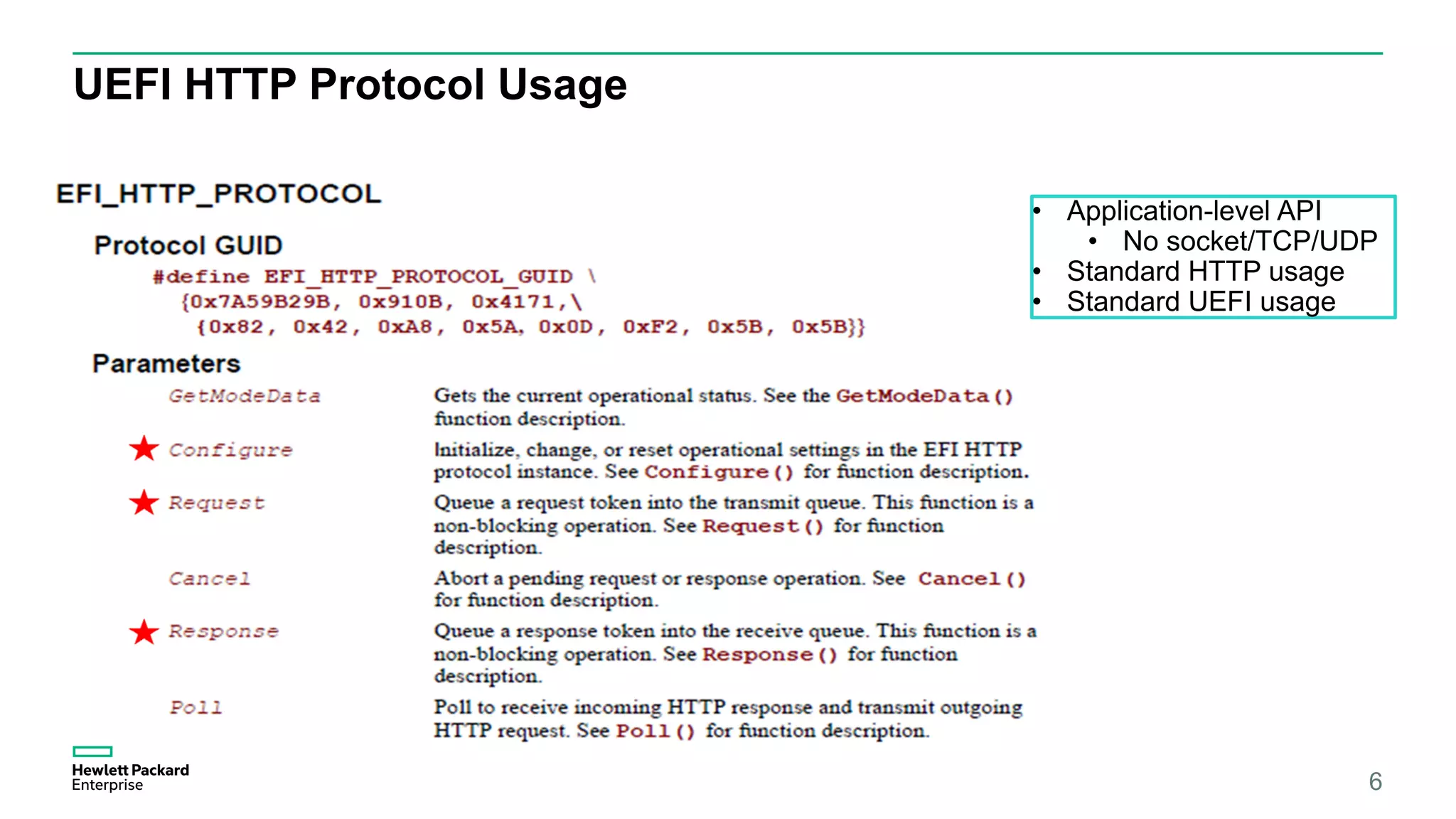 UEFI HTTP Protocol Usage
6
• Application-level API
• No socket/TCP/UDP
• Standard HTTP usage
• Standard UEFI usage
 
