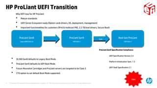 © Copyright 2014 Hewlett-Packard Development Company, L.P. The information contained herein is subject to change without notice.15
HP ProLiant UEFI Transition
ProLiant Gen8
Legacy BIOS (Class 0)
ProLiant Gen8
Legacy BIOS (Class 0)
ProLiant Gen9
UEFI Class 2
ProLiant Gen9
UEFI Class 2
GoalGoal Next Gen ProLiant
UEFI Class 3
Next Gen ProLiant
UEFI Class 3
• DL580 Gen8 defaults to Legacy Boot Mode.
• ProLiant Gen9 defaults to UEFI Boot Mode.
• Future Moonshot Cartridges and ProLiant servers are targeted to be Class 3
• CTO option to set default Boot Mode supported.
UEFI Specification Version 2.4
Platform Initialization Spec. 1.3
UEFI Shell Specification 2.1
EDK2EDK2
ProLiant Gen9 Specification Compliance
Why UEFI now for HP ProLIant:
• Mature standards
• UEFI Server Ecosystem ready (Option cards drivers, OS, deployment, management)
• Important functionalities for customers (IPv6 & multicast PXE, 2.2 TB boot drivers, Secure Boot)
 