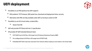 © Copyright 2014 Hewlett-Packard Development Company, L.P. The information contained herein is subject to change without notice.34
UEFI deployment
• Possibility to use PXE (pxelinux has UEFI support)
●
PXE problems: TFTP timeout, UDP packet loss, download and deployment times, security
●
Alternative with iPXE not fully available under UEFI so forcing to switch to CSM
• Possibility to use iLO virtual media, scripted URLs
• Slower than NIC
• UEFI will provide HTTP Boot with the 2.5 specification
• HP provides HP UEFI Extended Network Stack
• HTTP DHCP boot of EFI file or ISO image from EFI Network Bootstrap Program (NBP)
• Pre-configured boot of EFI file or ISO image from HTTP/FTP URL
• Embedded UEFI Shell script auto-execution from network without relying on local media or iLO virtual media
 