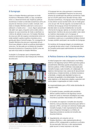 17
G U I A D A S I N S T I T U I Ç Õ E S D A U N I Ã O E U R O P E I A
O Eurogrupo
Todos os Estados‑Membros participam na União
Económica e Monetária (UEM), ou seja, coordenam
entre si o desenvolvimento das respetivas políticas
económicas e tratam as decisões económicas como um
assunto do interesse comum a todos. Contudo, nem
todos os Estados‑Membros aderiram à zona euro e
adotaram a moeda única — o euro. Alguns optaram por
não aderir por agora, enquanto outros estão ainda a
preparar as suas economias de modo a satisfazer os
critérios de adesão à zona euro. Os Estados‑Membros
da zona euro têm de cooperar estreitamente entre si e
estão também sujeitos à política monetária única
gerida pelo Banco Central Europeu. Por conseguinte, os
Estados‑Membros da zona euro necessitam de um
fórum para debater e decidir as políticas destinadas à
zona euro. Tal não pode ser no âmbito do Conselho
Assuntos Económicos e Financeiros (Ecofin), uma vez
que este inclui todos os Estados‑Membros.
A solução é o Eurogrupo, que é composto pelos
ministros da Economia e das Finanças dos membros
da zona euro.
O Eurogrupo tem em vista promover o crescimento
económico e a estabilidade financeira na zona euro
através da coordenação das políticas económicas. Dado
que só o Ecofin pode tomar decisões formais sobre
assuntos económicos, o Eurogrupo reúne informalmente
no dia anterior ao da reunião Ecofin, de um modo geral
uma vez por mês. No dia seguinte, na reunião Ecofin, os
membros do Eurogrupo tomam formalmente uma
decisão sobre os acordos estabelecidos na reunião
informal do Eurogrupo. Apenas os ministros Ecofin que
representam membros da zona euro podem votar sobre
as matérias relacionadas com o Eurogrupo. O
comissário responsável pelos assuntos económicos e
monetários e pelo euro e o presidente do Banco Central
Europeu também participam nas reuniões do Eurogrupo.
Os membros do Eurogrupo elegem um presidente por
um período de dois anos e meio. O Secretariado-Geral
do Conselho presta apoio administrativo às reuniões
do Eurogrupo.
A Política Externa e de Segurança Comum
A União Europeia tem vindo a desenvolver uma Política
Externa e de Segurança Comum (PESC) que está sujeita a
procedimentos diferentes quando comparada a outros
domínios políticos. A PESC é definida e executada pelo
Conselho Europeu e pelo Conselho, em colaboração. Os
objetivos internacionais mais vastos da UE são promover
a democracia, o Estado de direito, os direitos humanos e
a liberdade, o respeito pela dignidade humana e os
princípios da igualdade e da solidariedade. Para atingir
estes objetivos, a UE desenvolve relações e parcerias com
outros países e organizações em todo o mundo.
As responsabilidades para a PESC estão distribuídas do
seguinte modo:
X
X O Conselho Europeu, presidido pelo presidente,
define a política externa e de segurança comum
tendo em conta os interesses estratégicos da União,
incluindo as questões relacionadas com a defesa.
X
X O Conselho, em especial o Conselho dos Assuntos
Externos, toma as decisões necessárias para definir e
executar a PESC, com base em diretrizes fixadas pelo
Conselho Europeu. O alto-representante da União
para os Negócios Estrangeiros e a Política de
Segurança preside às reuniões do Conselho dos
Assuntos Externos.
X
X Seguidamente, em conjunto com os
Estados‑Membros, o alto-representante põe em
prática a PESC, assegurando a coerência e a eficácia
da sua execução. Para isso, o alto-representante
pode recorrer a meios nacionais e da União.
As novas regras da UE sobre a governação económica
e financeira contribuíram para o saneamento e o reforço
do setor bancário.
©
Associated
Press
/
Reporters
 