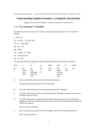Understanding English Grammar   Exercises for Chapter Eight: Advanced Syntax Copyright © 2010 Thomas E. Payne


     Understanding English Grammar: A Linguistic Introduction
                 Additional Exercises for Chapter 8: Advanced concepts in English syntax

1. A "Toy Grammar" of English

The following "phrase structure rules" define a range of phrasal categories in a "toy" version of
English:

S → DP + IP
IP → (AUX) + { VP, DP, AP }
VP → V + (DP) (PP)
DP → D + NP
DP → PRO
NP → (ADJ) + N + (PP)
NP → NP CONJ NP
PP → P + DP
The grammar of this toy language includes only the following lexical categories and items:

AUX          V            N              D             PRO           ADJ           P          CONJ
be           see          cat            the           they          sick          on         and
0            watch        dog            a             she           pretty        with
             move         sidewalks      0                           moving
             chase        television                                 unusual
                          man                                        ugly

A.      Draw a constituent structure tree for the following sentence:

        The ugly dog chased the pretty cat on the sidewalks.


B.      Give three additional sentences that are grammatical in this "language":

C.      Now give three strings that are not grammatical in this "language" (using the same lexicon
        and phrase structure rules):

D.      The following sentence is grammatical according to the toy grammar, but is structurally
        ambiguous. Draw two constituent structure trees, one for each of the possible structures that
        underly this sentence:

        They are moving sidewalks.

E.      How would the toy grammar need to be changed to allow for the following sentence?:

        She is an unusual sick cat.



                                                      1
 