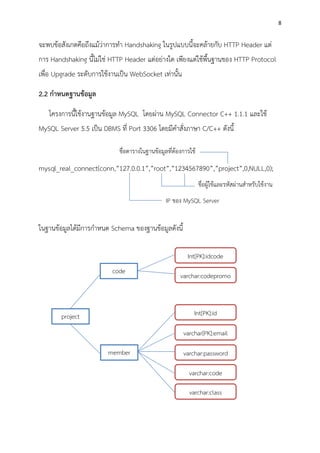 8
จะพบข้อสังเกตคือถึงแม้ว่าการทา Handshaking ในรูปแบบนี้จะคล้ายกับ HTTP Header แต่
การ Handshaking นี้ไม่ใช่ HTTP Header แต่อย่างใด เพียงแต่ใช้พื้นฐานของ HTTP Protocol
เพื่อ Upgrade ระดับการใช้งานเป็น WebSocket เท่านั้น
2.2 กาหนดฐานข้อมูล
โครงการนี้ใช้งานฐานข้อมูล MySQL โดยผ่าน MySQL Connector C++ 1.1.1 และใช้
MySQL Server 5.5 เป็น DBMS ที่ Port 3306 โดยมีคาสั่งภาษา C/C++ ดังนี้
mysql_real_connect(conn,”127.0.0.1”,”root”,”1234567890”,”project”,0,NULL,0);
ในฐานข้อมูลได้มีการกาหนด Schema ของฐานข้อมูลดังนี้
IP ของ MySQL Server
ชื่อผู้ใช้และรหัสผ่านสาหรับใช้งาน
project
code
member
Int[PK]:idcode
varchar:codepromo
Int[PK]:id
varchar[PK]:email
varchar:password
varchar:code
varchar:class
ชื่อตารางในฐานข้อมูลที่ต้องการใช้
 