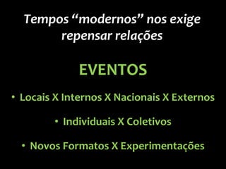 Tempos “modernos” nos exige
       repensar relações

             EVENTOS
• Locais X Internos X Nacionais X Externos

        • Individuais X Coletivos

  • Novos Formatos X Experimentações
 