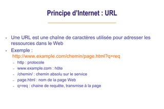 Principe d’Internet : URL
• Une URL est une chaîne de caractères utilisée pour adresser les
ressources dans le Web
• Exemple :
http://www.example.com/chemin/page.html?q=req
– http : protocole
– www.example.com : hôte
– /chemin/ : chemin absolu sur le service
– page.html : nom de la page Web
– q=req : chaine de requête, transmise à la page
 