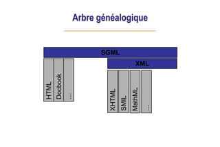 Arbre généalogique
SGML
XML
HTML
Docbook
…
XHTML
SMIL
MathML
…
 