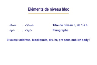 Eléments de niveau bloc
<hn> . . </hn> Titre de niveau n, de 1 à 6
<p> . . </p> Paragraphe
Et aussi: address, blockquote, div, hr, pre sans oublier body !
 