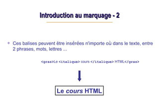 Introduction au marquage - 2
Introduction au marquage - 2
Ces balises peuvent être insérées n'importe où dans le texte, entre
2 phrases, mots, lettres …
<gras>Le <italique> cours </italique> HTML</gras>
Le cours HTML
 