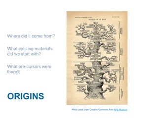 Where did it come from?

What existing materials
did we start with?

What pre-cursors were
there?




ORIGINS
                          Photo used under Creative Commons from APS Museum
 
