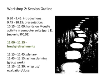 9.30 - 9.45: introductions
9.45 - 10.15: presentation:
10.15 - 11.00: hands on Moodle
activity in computer suite (part 1).
(move to ITC.01)
11.00 - 11.15 -
break/refreshments
11.15 - 11.45: plenary
11.45 - 12.15: action planning
(group work)
12.15 - 12.30: wrap up/
evaluation/close
Workshop 2: Session Outline
 