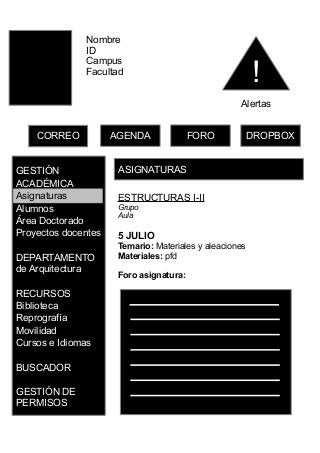 Nombre
ID
Campus
Facultad
CORREO
!
DROPBOXFOROAGENDA
Alertas
ASIGNATURAS
ESTRUCTURAS I-II
Grupo
Aula
5 JULIO
Temario: Materiales y aleaciones
Materiales: pfd
Foro asignatura:
ASIGNATURASGESTIÓN
ACADÉMICA
Asignaturas
Alumnos
Área Doctorado
Proyectos docentes
DEPARTAMENTO
de Arquitectura
RECURSOS
Biblioteca
Reprografía
Movilidad
Cursos e Idiomas
BUSCADOR
GESTIÓN DE
PERMISOS
 