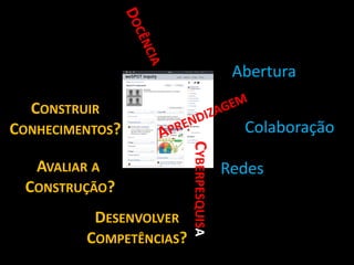 CYBERPESQUISA
CONSTRUIR
CONHECIMENTOS?
DESENVOLVER
COMPETÊNCIAS?
AVALIAR A
CONSTRUÇÃO?
Abertura
Colaboração
Redes
 
