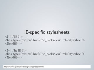 IE-specific stylesheets
<!--[if IE 7]>
<link type="text/css" href="/ie_hacks7.css" rel="stylesheet">
<![endif]-->

<!--[if lte IE 6]>
<link type="text/css" href="/ie_hacks6.css" rel="stylesheet">
<![endif]-->

http://www.quirksmode.org/css/condcom.html
 