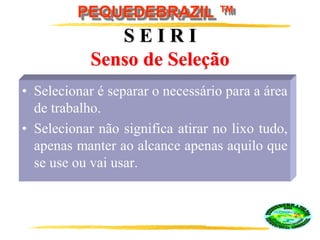 PEQUEDEBRAZIL ™
S E I R I
Senso de Seleção
• Selecionar é separar o necessário para a área
de trabalho.
• Selecionar não significa atirar no lixo tudo,
apenas manter ao alcance apenas aquilo que
se use ou vai usar.
 
