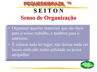 PEQUEDEBRAZIL ™
S E I T O N
Senso de Organização
• Organizar aqueles materiais que são úteis
para o nosso trabalho, e também para o
ambiente.
• É colocar tudo no lugar, não deixar nada em
locais onde não tenha utilidade ou possa
atrapalhar
 