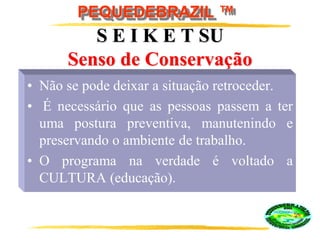 PEQUEDEBRAZIL ™
S E I K E T SU
Senso de Conservação
• Não se pode deixar a situação retroceder.
• É necessário que as pessoas passem a ter
uma postura preventiva, manutenindo e
preservando o ambiente de trabalho.
• O programa na verdade é voltado a
CULTURA (educação).
 